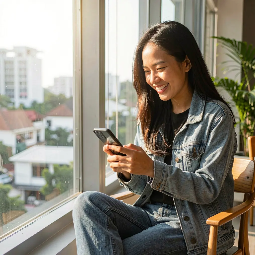 Indonesian woman relaxing by a window while using the XR 88 casino app on her smartphone with natural sunlight illuminating her face