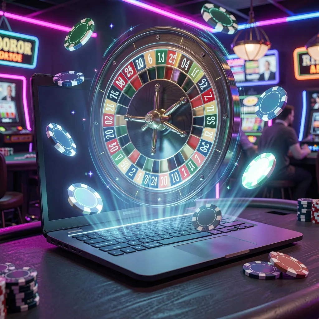 Futuristic digital roulette wheel with glowing casino chips and vibrant lights representing the high energy gaming experience at XR 88 Casino Indonesia