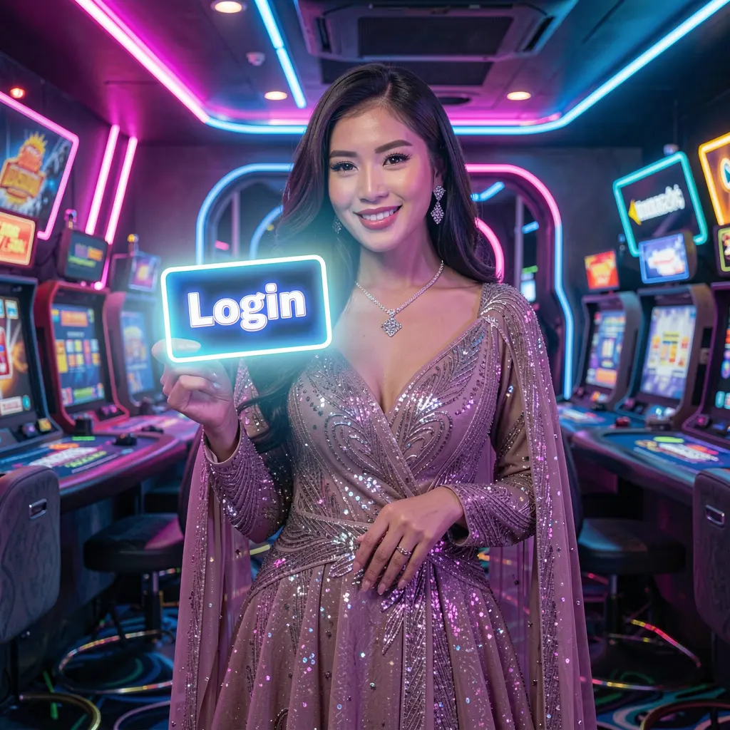 Elegant Indonesian woman holding a glowing login card inside a futuristic casino atmosphere at XR 88 highlighting secure access
